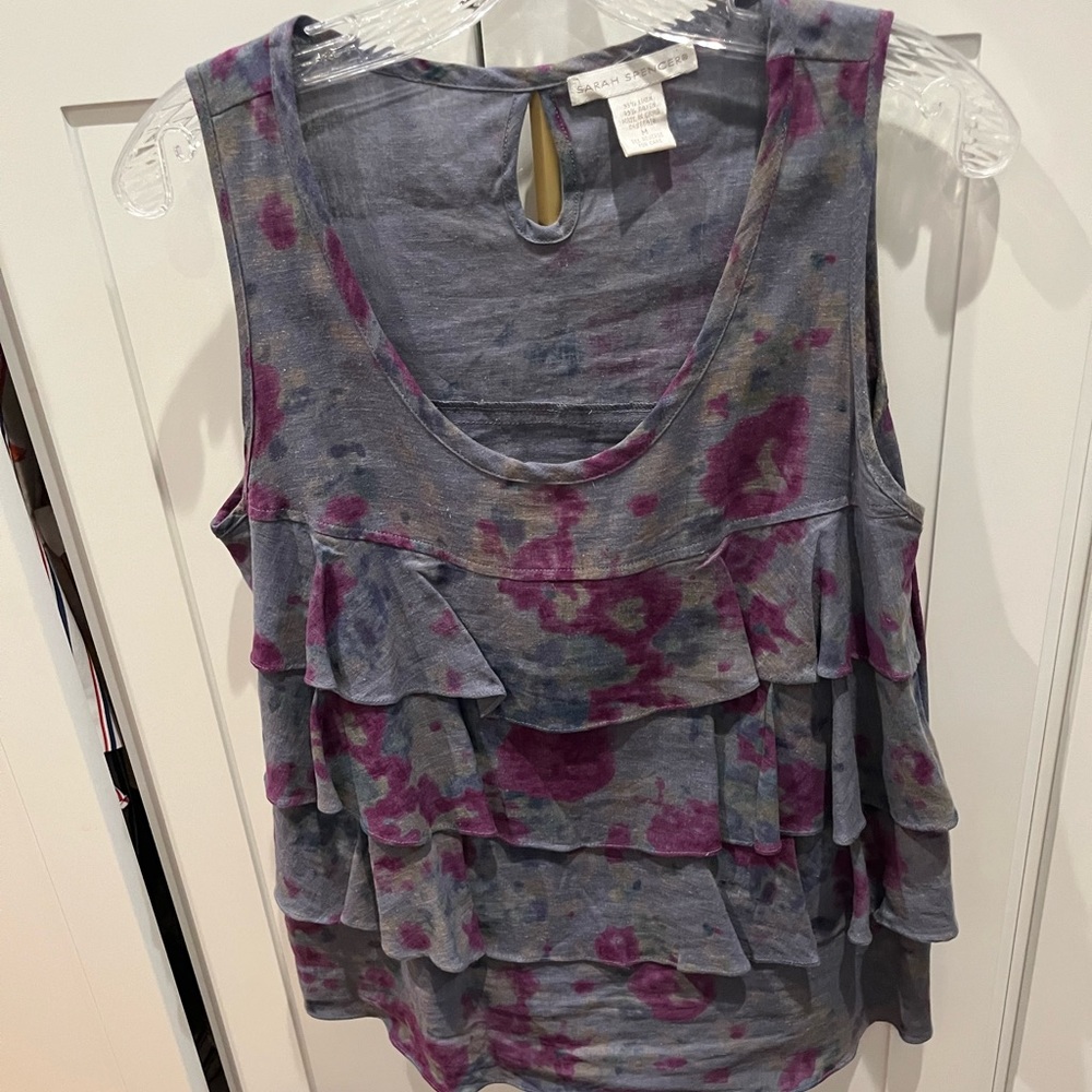 Blue and purple ruffled Sarah Spence tank top, size Medium